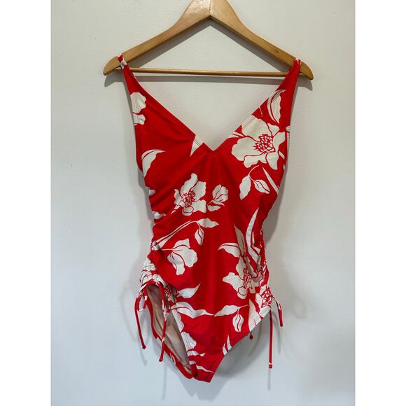Kona Sol one piece swim suit size M red white floral print cinching on side - Picture 1 of 6